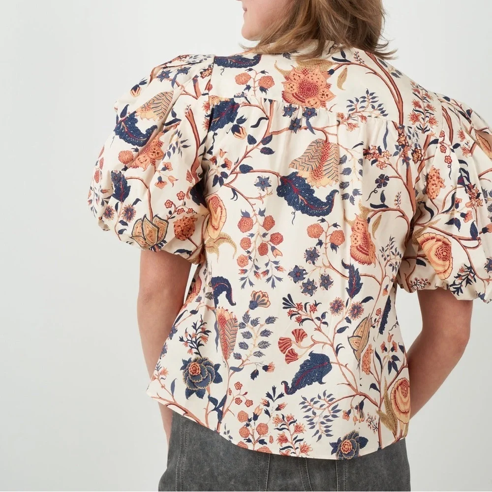 Ulla Johnson Cream Floral Puff-Sleeve Blouse with Navy and Rust Motif